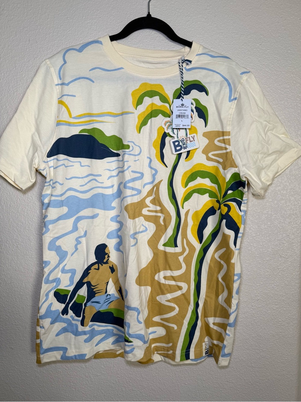 NWT Born Fly Men's Cream Tropical Graphic Tee with Palm Print Size L
